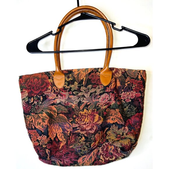 Floral Tapestry Tote Bag With Leather Handles Talbots Large Interior Pocket Zip - Picture 2 of 10